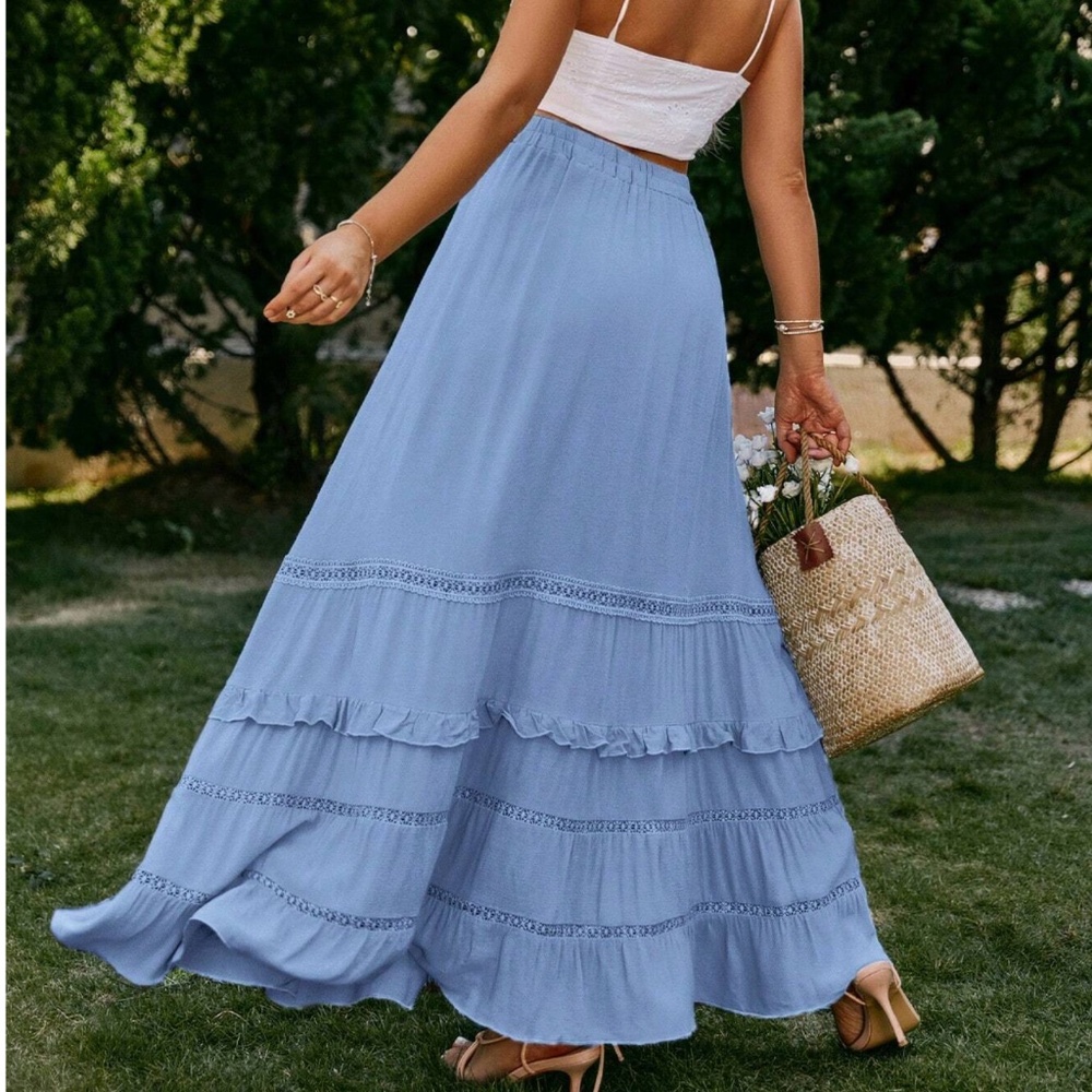 Boho Navy Blue Ruffle Hem Tassel Summer Maxi Skirt - Picture 10 of 12